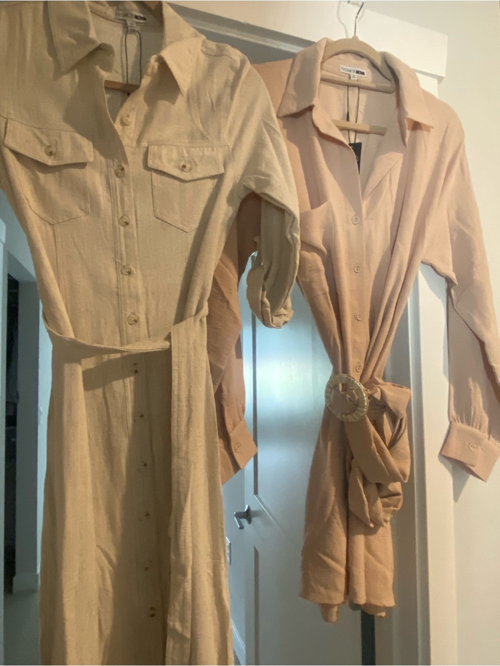 2 pack Fashion Nova Beige & Light Pink Long Sleeve Shirt Dresses